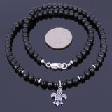 Men's Women Matte Black Onyx Sterling Silver Necklace Gemstone 925 Fleur de Lis Pendant DiyNoion Handmade NK039