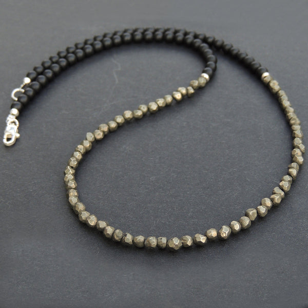 Men's Women Pyrite Matte Black Onyx Sterling Silver Necklace Gemstone 925 Spacers Clasp DiyNoion Handmade NK047