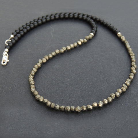 Men's Women Pyrite Matte Black Onyx Sterling Silver Necklace Gemstone 925 Spacers Clasp DiyNoion Handmade NK047