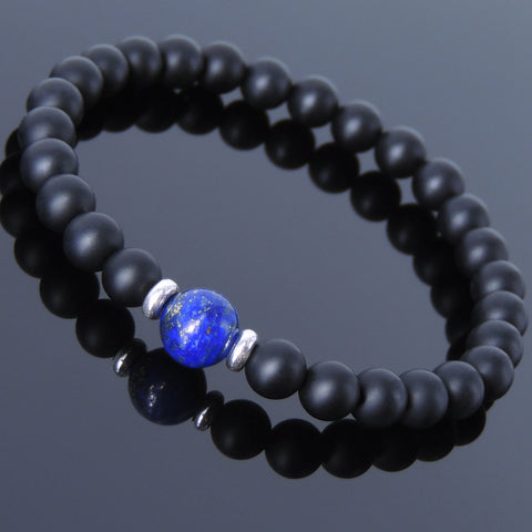 Men's Women Matte Black Onyx Lapis Sterling Silver Bracelet 925 Spacers DiyNotion Handmade BR516