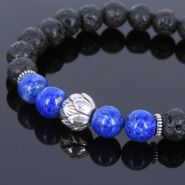 Lava Rock Lapis Tibetan Silver Bracelet Lotus Bead Yoga Mala for Men Women DiyNotion Handmade T082