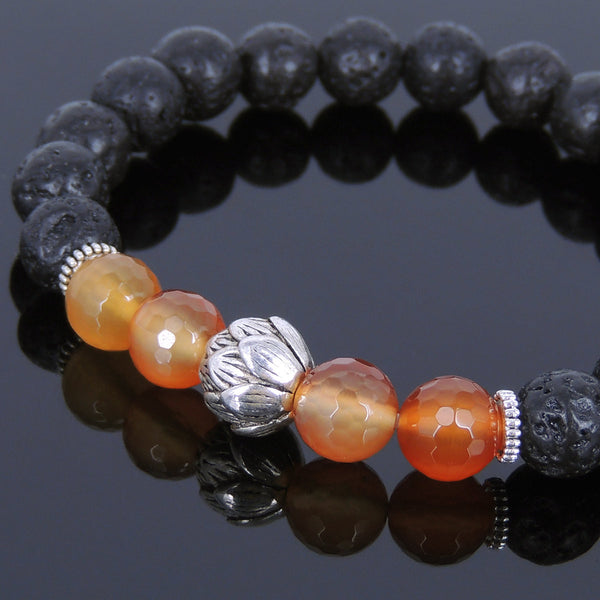 Lava Rock Carnelian Tibetan Silver Bracelet Lotus Bead Yoga Mala for Men Women DiyNotion Handmade T085
