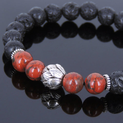 Lava Rock Jasper Stone Tibetan Silver Bracelet Lotus Bead Yoga Mala for Men Women DiyNotion Handmade T083
