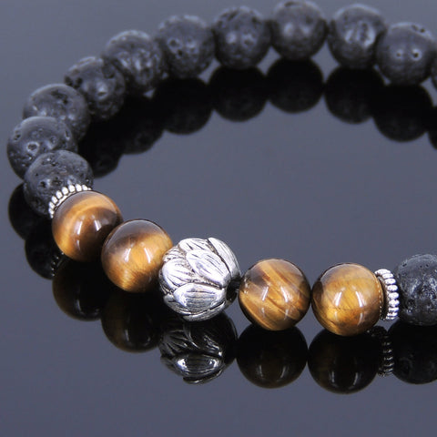 Lava Rock Tiger Eye Tibetan Silver Bracelet Lotus Bead Yoga Mala for Men Women DiyNotion Handmade T081