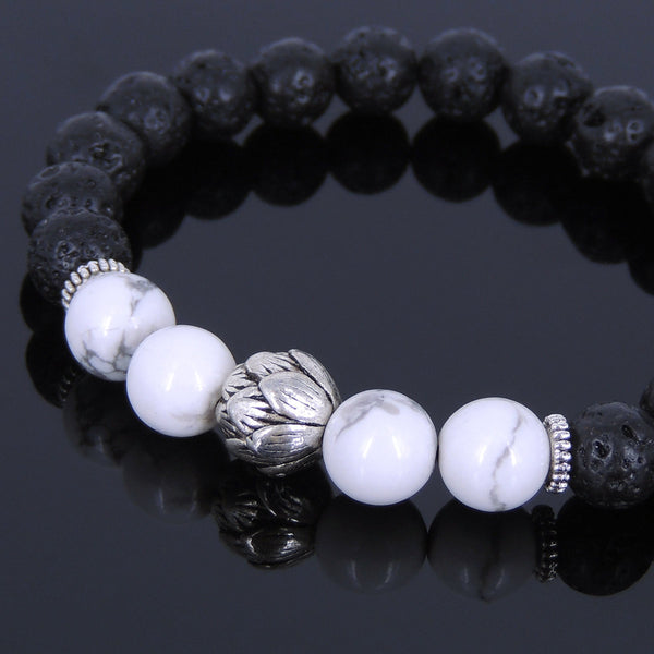 Lava Rock White Howlite Tibetan Silver Bracelet Lotus Bead Yoga Mala for Men Women DiyNotion Handmade T084