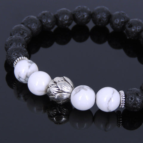 Lava Rock White Howlite Tibetan Silver Bracelet Lotus Bead Yoga Mala for Men Women DiyNotion Handmade T084