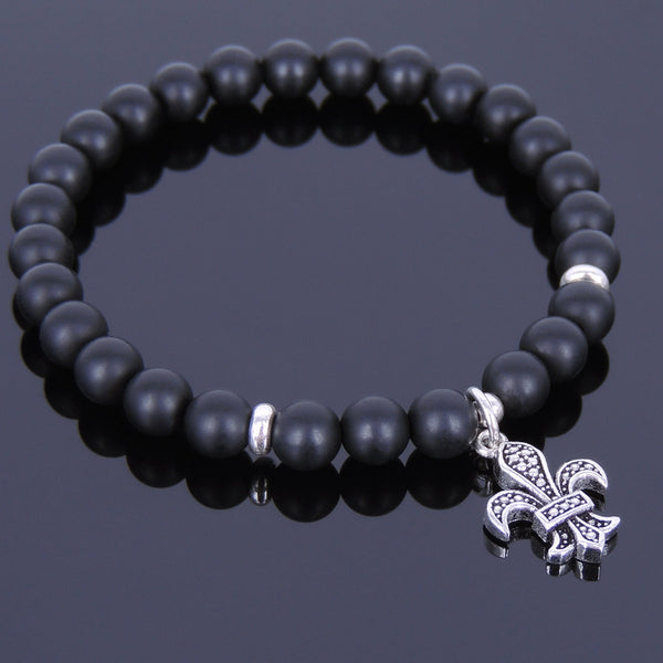 Men's Women Matte Black Onyx Sterling Silver Bracelet 925 Fleur de Lis Pendant Gemstone DiyNotion Handmade BR520