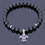 Men's Women Matte Black Onyx Sterling Silver Bracelet 925 Fleur de Lis Pendant Gemstone DiyNotion Handmade BR520