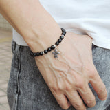 Men's Women Matte Black Onyx Sterling Silver Bracelet 925 Fleur de Lis Pendant Gemstone DiyNotion Handmade BR520