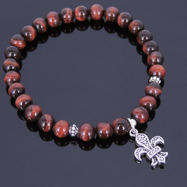 Men's Women Red Tiger Eye Sterling Silver Bracelet 925 Fleur de Lis Pendant Gemstone DiyNotion Handmade BR521