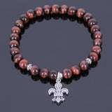 Men's Women Red Tiger Eye Sterling Silver Bracelet 925 Fleur de Lis Pendant Gemstone DiyNotion Handmade BR521