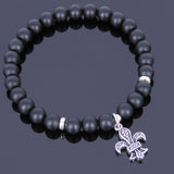 Men's Women Matte Black Onyx Sterling Silver Bracelet 925 Fleur de Lis Pendant Gemstone DiyNotion Handmade BR520