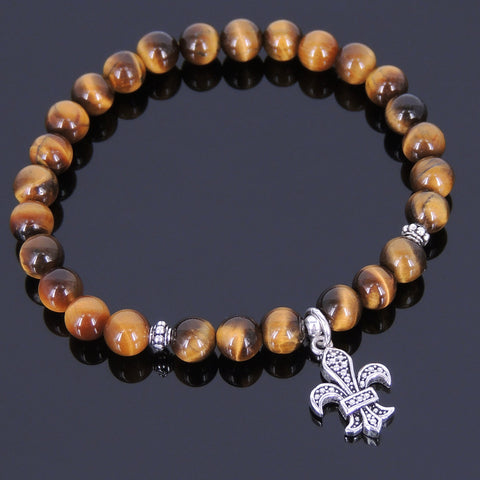 Men's Women Tiger Eye Sterling Silver Bracelet 925 Fleur de Lis Pendant Gemstone DiyNotion Handmade BR522