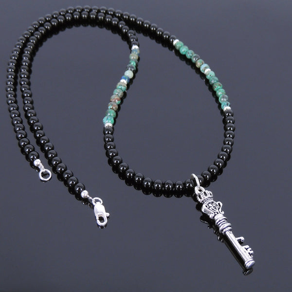 Men's Women Chrysocolla Black Onyx Sterling Silver Necklace Gemstone 925 Key of Crown DiyNoion Handmade NK053