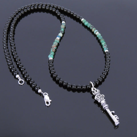 Men's Women Chrysocolla Black Onyx Sterling Silver Necklace Gemstone 925 Key of Crown DiyNoion Handmade NK053