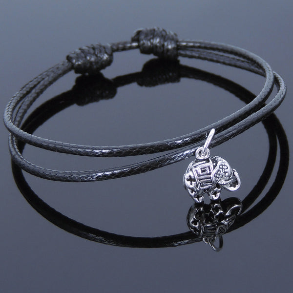 925 Sterling Silver Vintage Elephant Pendant Handmade Adjustable Wax Rope Bracelet Men Women DiyNotion BR525