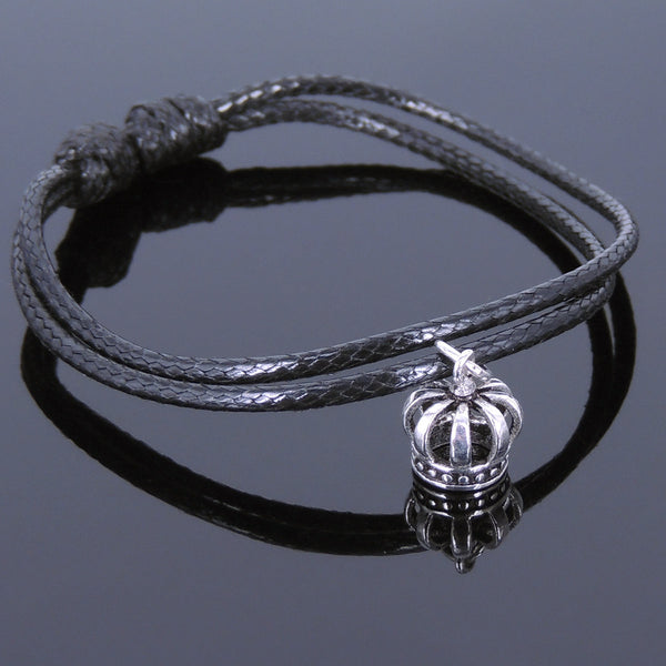 925 Sterling Silver Vintage Crown Pendant Handmade Adjustable Wax Rope Bracelet Men Women DiyNotion BR526
