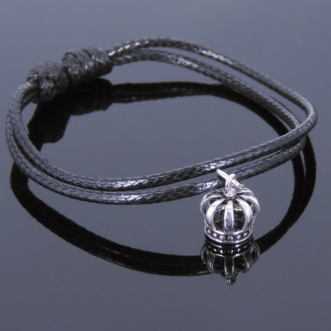 925 Sterling Silver Vintage Crown Pendant Handmade Adjustable Wax Rope Bracelet Men Women DiyNotion BR526