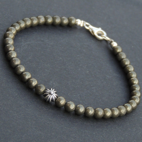 Men's Women Gold Pyrite Sterling Silver Bracelet 925 Cross Bead & Clasp Gemstone DiyNotion Handmade BR528