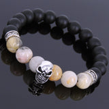 Men's Women Matte Black Onyx Crazy Agate 925 Sterling Silver Bracelet Skull & Cross Spacer  DiyNotion Handmade BR532