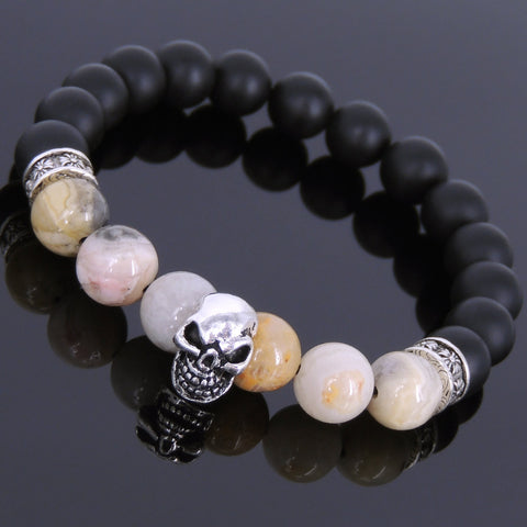 Men's Women Matte Black Onyx Crazy Agate 925 Sterling Silver Bracelet Skull & Cross Spacer  DiyNotion Handmade BR532