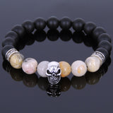 Men's Women Matte Black Onyx Crazy Agate 925 Sterling Silver Bracelet Skull & Cross Spacer  DiyNotion Handmade BR532