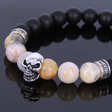 Men's Women Matte Black Onyx Crazy Agate 925 Sterling Silver Bracelet Skull & Cross Spacer  DiyNotion Handmade BR532