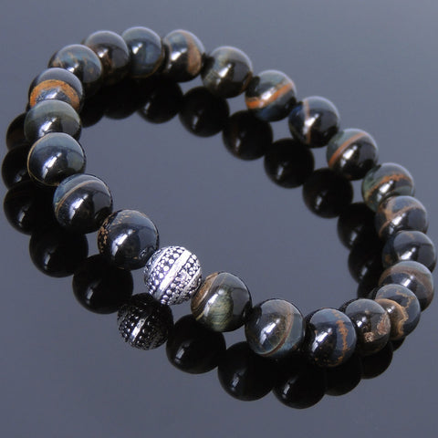 Men's Women Mixed Blue Tiger Eye 925 Sterling Silver Bracelet Round Bead Gemstone DiyNotion Handmade BR534