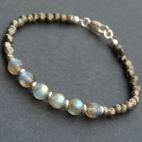 Men's Women Gold Pyrite Labradorite 925 Sterling Silver Bracelet Spacers & Clasp DiyNotion Handmade BR536