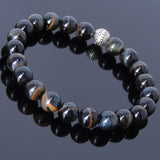 Men's Women Mixed Blue Tiger Eye 925 Sterling Silver Bracelet Round Bead Gemstone DiyNotion Handmade BR534