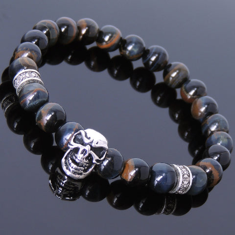 Men's Women Mixed Blue Tiger Eye 925 Sterling Silver Bracelet Skull Cross Spacers Gemstone DiyNotion Handmade BR538