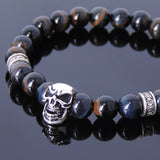 Men's Women Mixed Blue Tiger Eye 925 Sterling Silver Bracelet Skull Cross Spacers Gemstone DiyNotion Handmade BR538