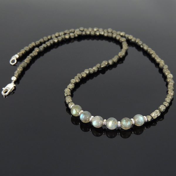Men's Women Pyrite Labradorite Sterling Silver Necklace Gemstone 925 Spacers Clasp DiyNoion Handmade NK055