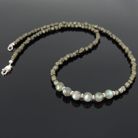 Men's Women Pyrite Labradorite Sterling Silver Necklace Gemstone 925 Spacers Clasp DiyNoion Handmade NK055