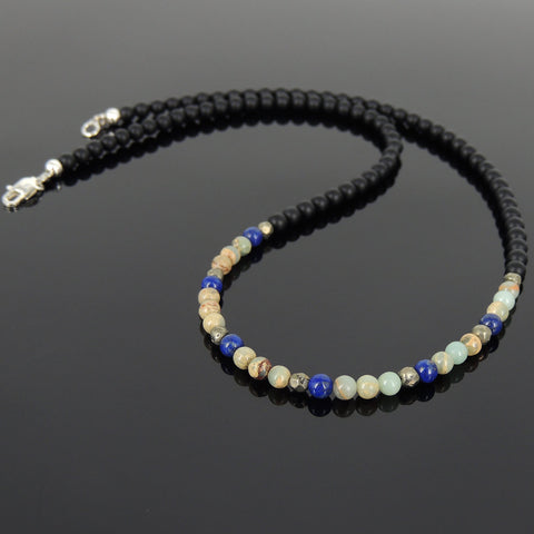 Men's Women Matte Black Onyx Lapis Pyrite Jasper Stone Sterling Silver Necklace Gemstone 925 Beads Clasp DiyNoion Handmade NK058