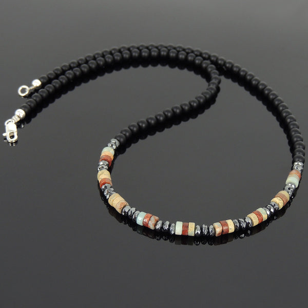 Men's Women Matte Black Onyx Jasper Stone Hematite Sterling Silver Necklace Gemstone 925 Beads Clasp DiyNoion Handmade NK059