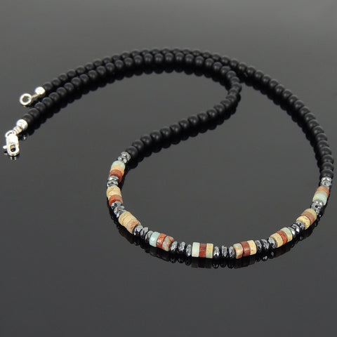 Men's Women Matte Black Onyx Jasper Stone Hematite Sterling Silver Necklace Gemstone 925 Beads Clasp DiyNoion Handmade NK059