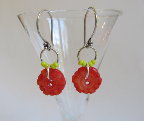 Vintage Red Mother of Pearl & Yellow Bead Drop Earrings with Sterling Silver Ear Wires, Drop Dangle Earrings, MPE162