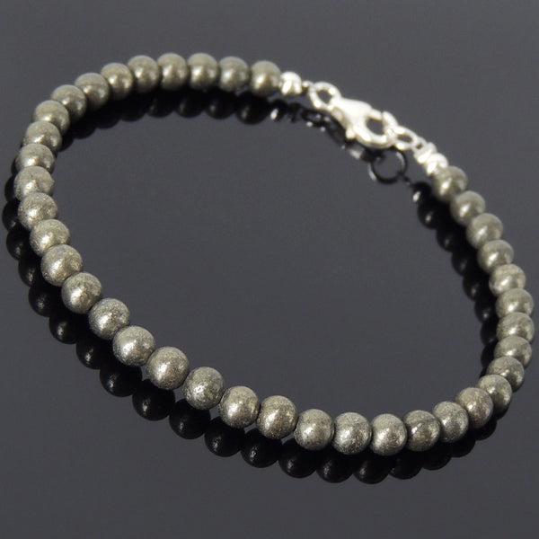 Men's Women Gold Pyrite Sterling Silver Bracelet Natural Gemstone 925 Beads Clasp DiyNotion Handmade BR540