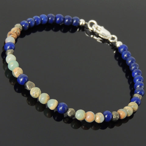 Men's Women Lapis Pyrite Jasper Stone Sterling Silver Bracelet 925 Beads Clasp DiyNotion Handmade BR542
