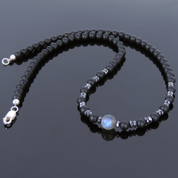 Men's Women Matte Black Onyx Labradorite Hematite Sterling Silver Necklace Gemstone 925 Beads Clasp DiyNoion Handmade NK060
