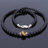 Men's Women Matte Black Onyx Tiger Eye Sterling Silver Necklace Gemstone 925 Spacers Clasp DiyNoion Handmade NK061
