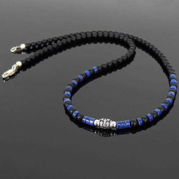 Men's Women Matte Black Onyx Lapis Sterling Silver Necklace Fleur de Lis Bead DiyNoion Handmade NK063