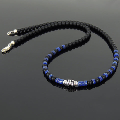 Men's Women Matte Black Onyx Lapis Sterling Silver Necklace Fleur de Lis Bead DiyNoion Handmade NK063