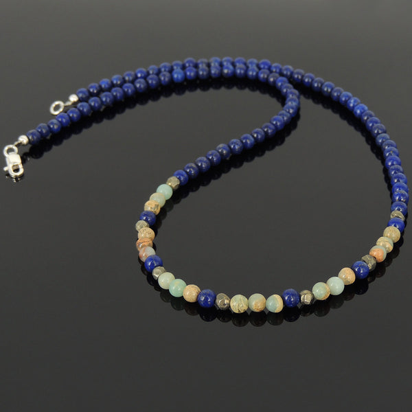 Men's Women Lapis Pyrite Jasper Stone Sterling Silver Necklace Gemstone 925 Beads Clasp DiyNoion Handmade NK064