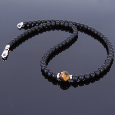 Men's Women Matte Black Onyx Tiger Eye Sterling Silver Necklace Gemstone 925 Spacers Clasp DiyNoion Handmade NK061