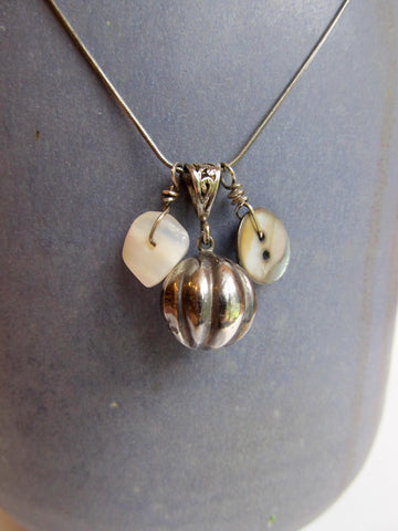 Vintage Button Necklace, Handmade Vintage Silver Fluted Bead Charm, Mother of Pearl Button, Quartz Nugget Bead, Sterling Chain, MCN169