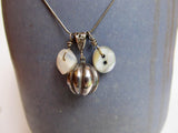 Vintage Button Necklace, Handmade Vintage Silver Fluted Bead Charm, Mother of Pearl Button, Quartz Nugget Bead, Sterling Chain, MCN169