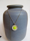 Vintage Carved Mother of Pearl Button Pendant Necklace, Lime Green Button Accent, 16" Sterling Silver Chain, Green Necklace, MPN170