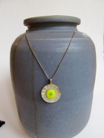 Vintage Carved Mother of Pearl Button Pendant Necklace, Lime Green Button Accent, 16" Sterling Silver Chain, Green Necklace, MPN170